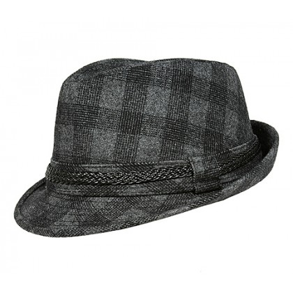 Fedora Hats – 12 PCS Plaid Print w/ Braided Band - Black - HT-FHT2490BK